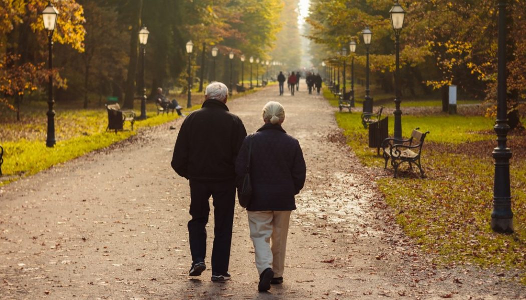 Couple walking in a park in the evening