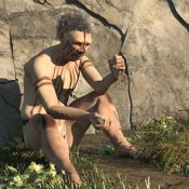 Caveman holding flint tools