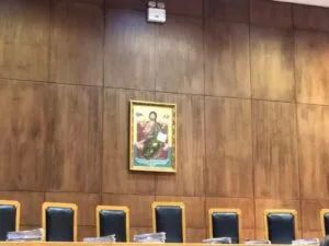 Religious image in a Greek Courtroom